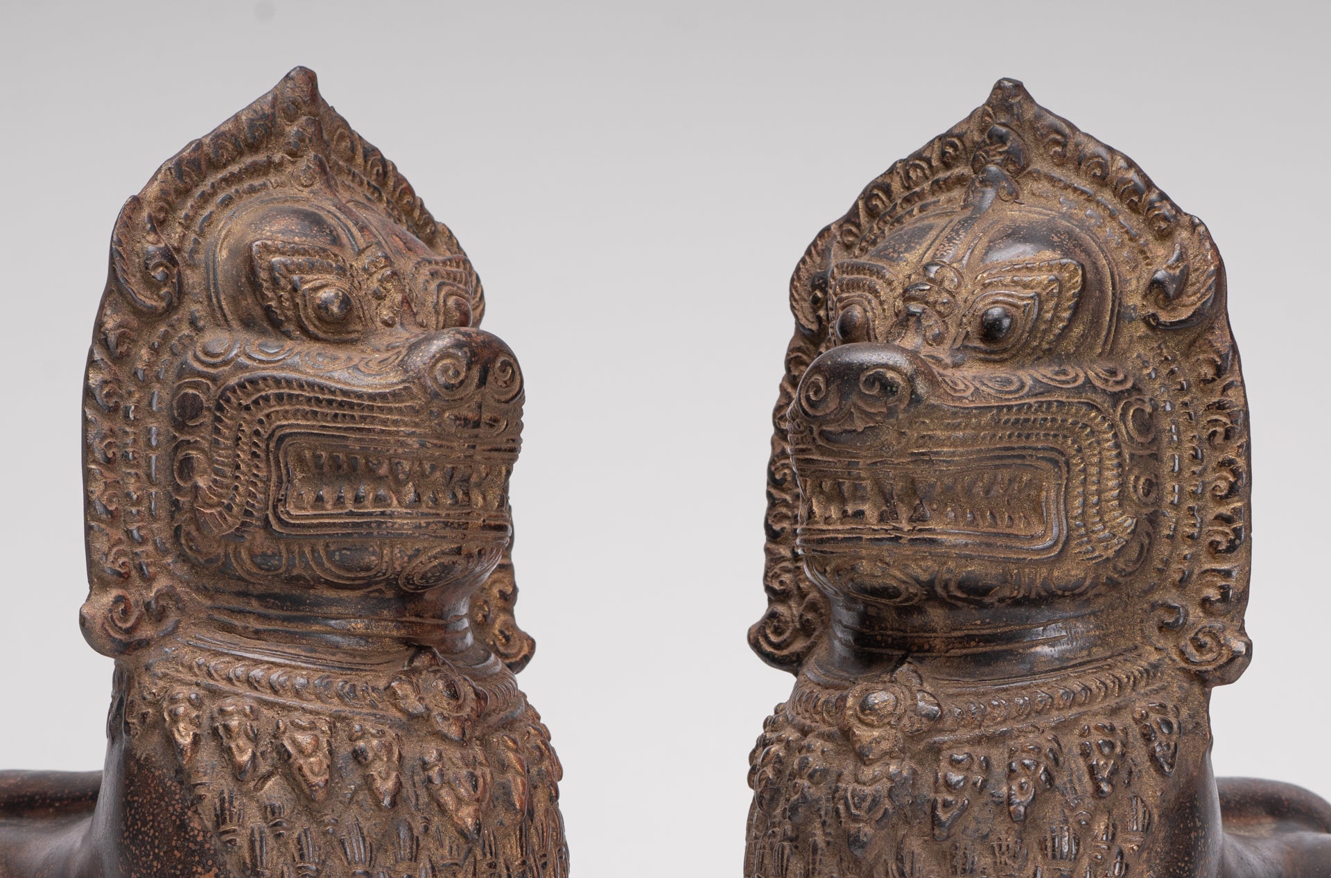 Temple Lions - Antique Khmer Style Bronze Standing Temple Guardian or Lions (Pair) - 27cm/11"