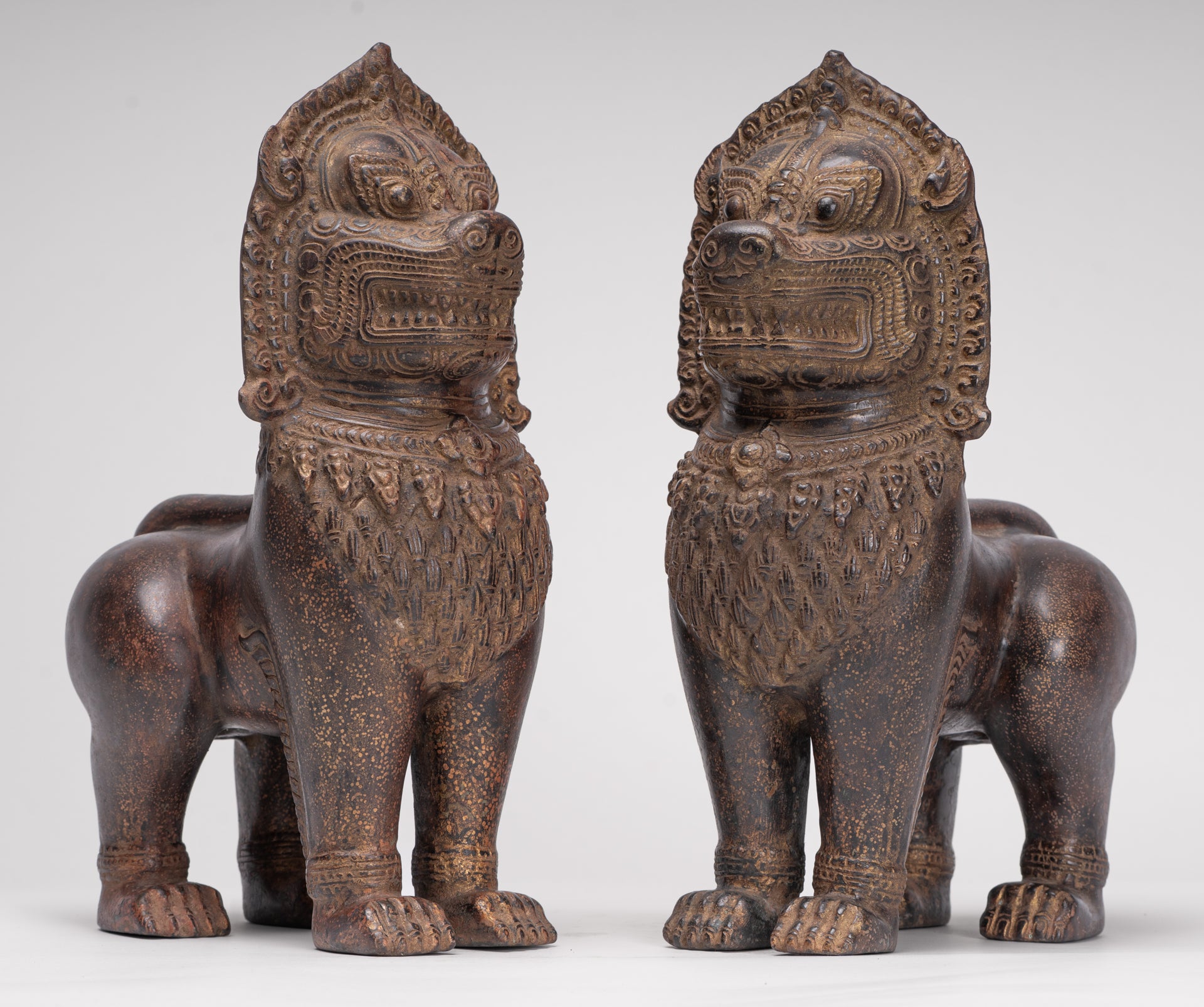 Temple Lions - Antique Khmer Style Bronze Standing Temple Guardian or Lions (Pair) - 27cm/11"