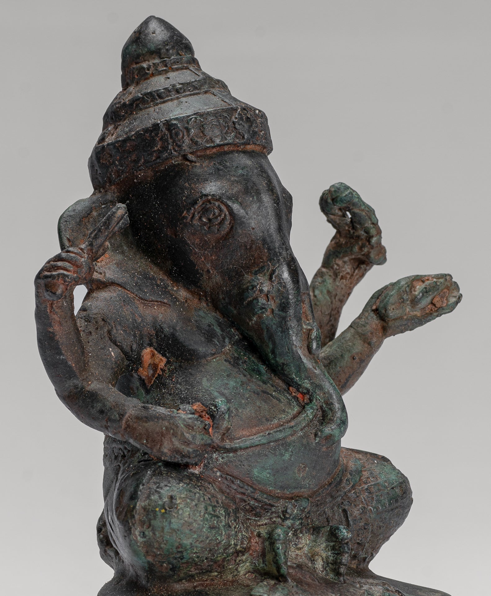 Ganesha Statue - Antique Khmer Style Seated Bronze Bayon Ganesh Statue - 14cm/6"