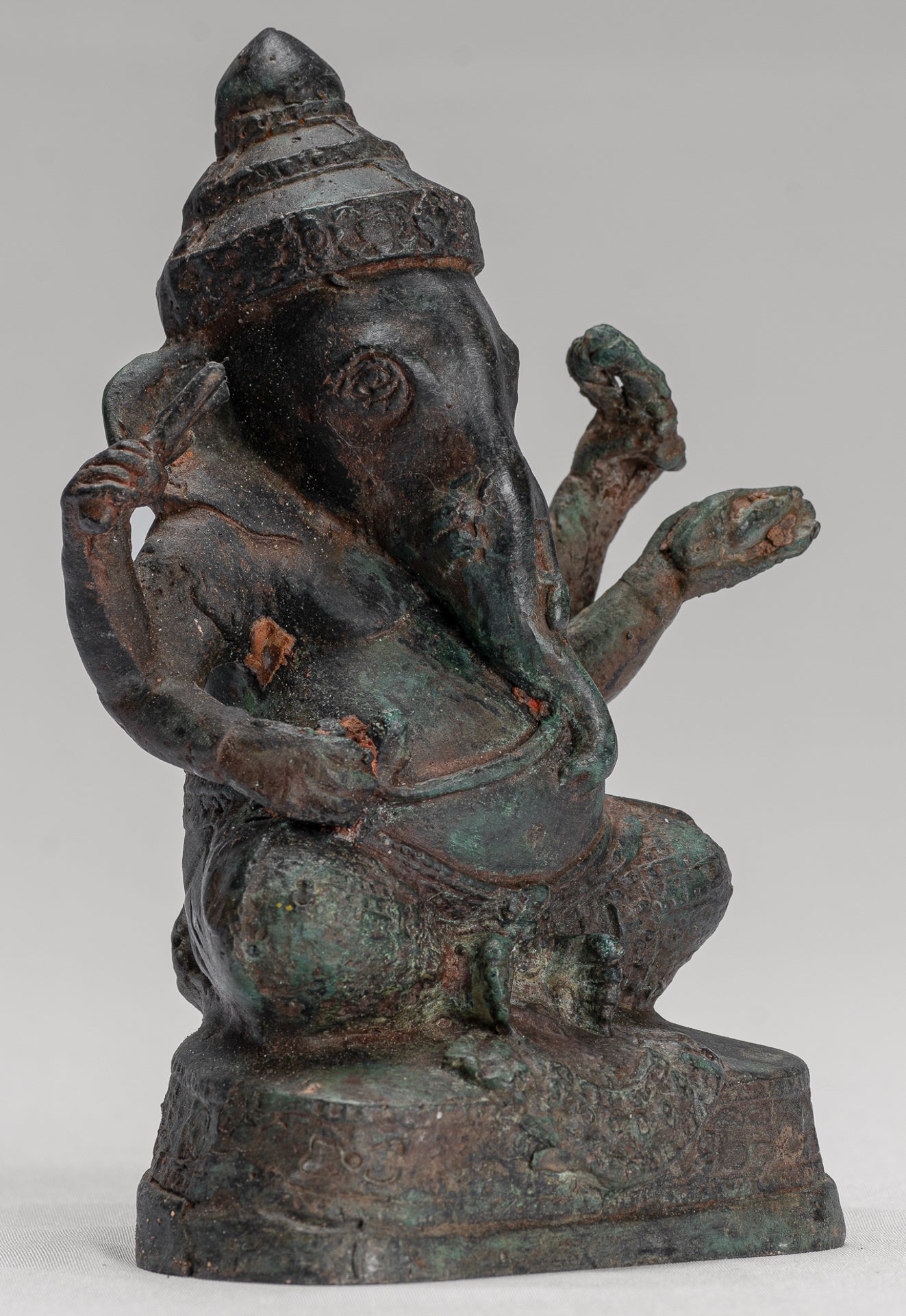 Ganesha Statue - Antique Khmer Style Seated Bronze Bayon Ganesh Statue - 14cm/6"