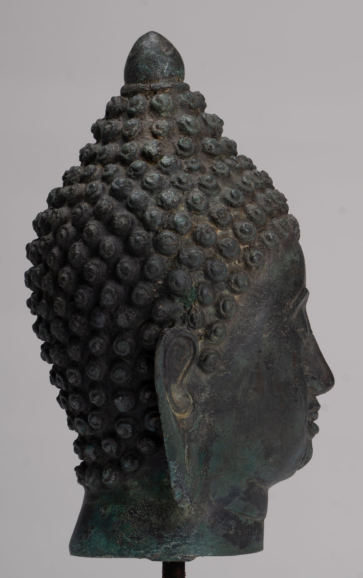 Buddha Head - Antique Thai Style Chiang Saen Mounted Bronze Buddha Head - 24cm/10"