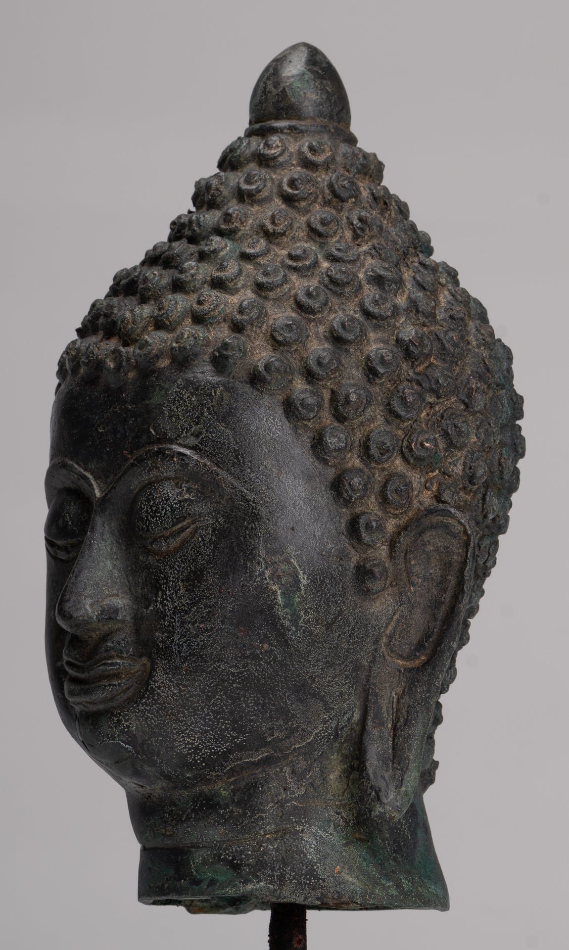 Buddha Head - Antique Thai Style Chiang Saen Mounted Bronze Buddha Head - 24cm/10"