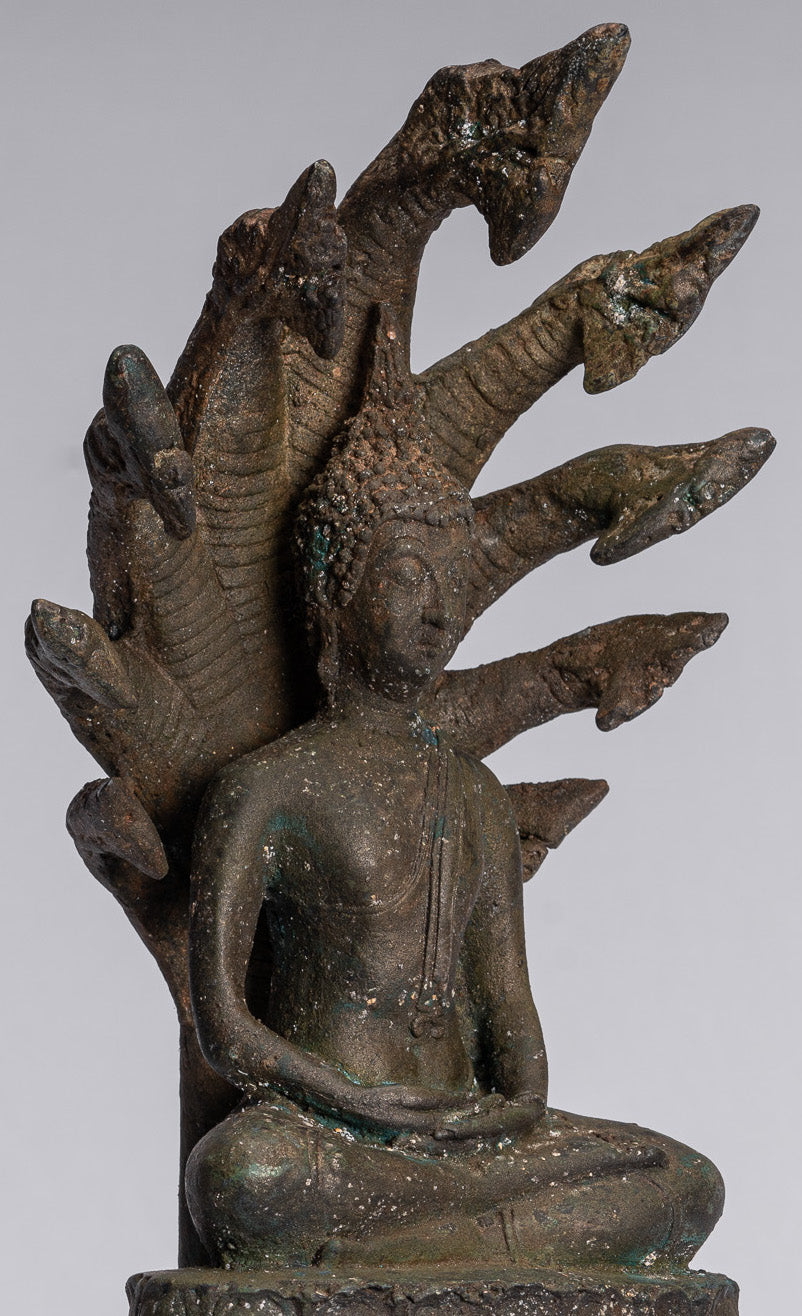 Statue Buddha - Bronzo antico sukhothai Bronzo meditante Naga Buddha Statua - 32 cm/13 "
