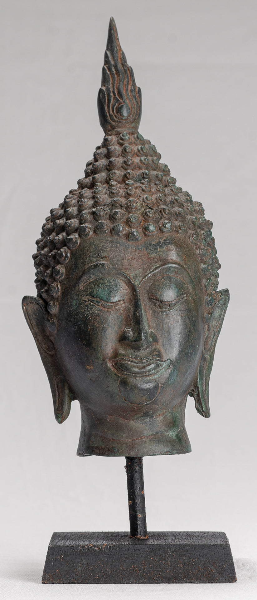 Buddha Head - Antique Thai Style Sukhothai Mounted Bronze Buddha Head - 29cm/12"