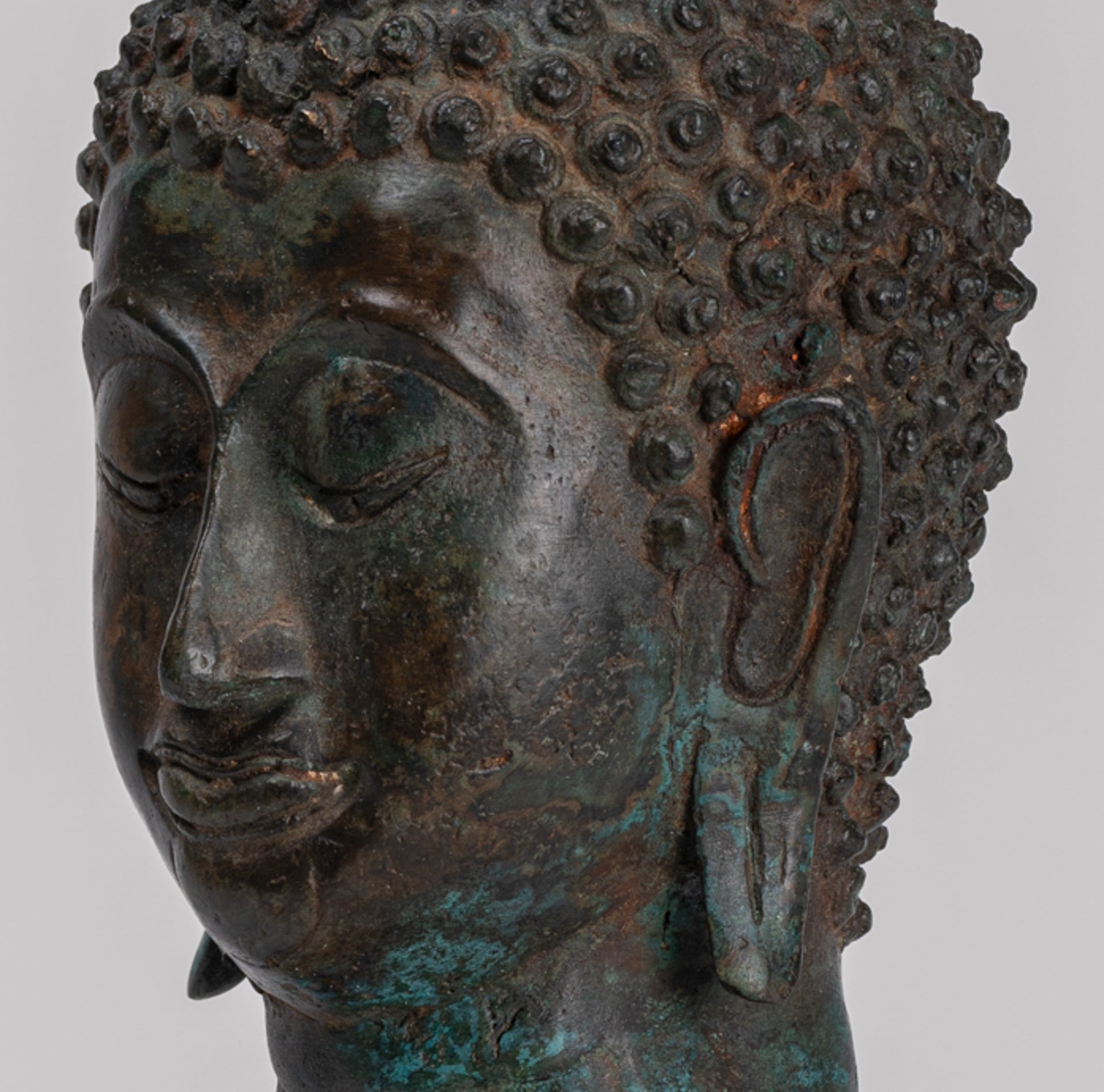 Antique Thai Style Sukhothai Mounted Bronze Buddha Head - 29cm/12"