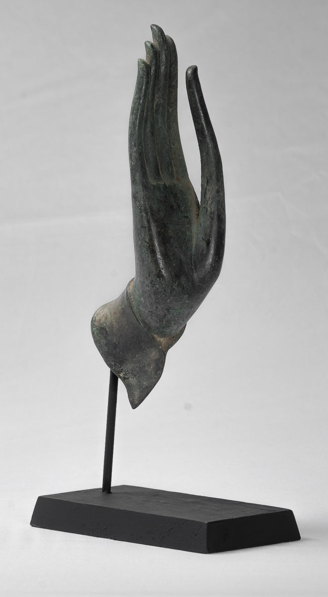 Mounted Antique Thai Style Southeast Asia Bronze Thai Protection Hand - 35cm/14"