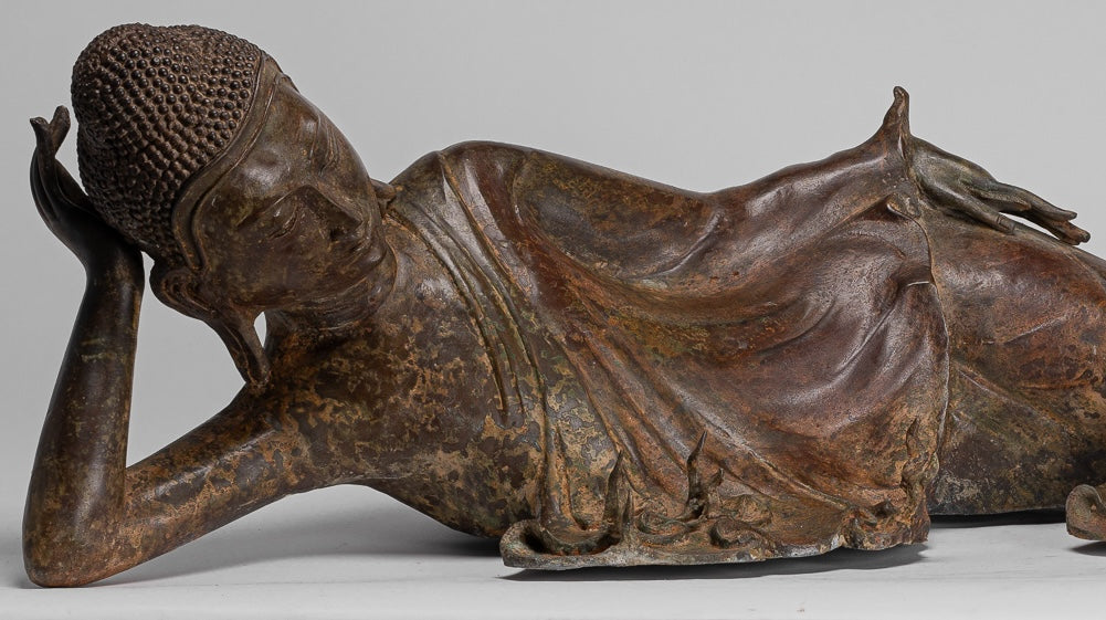 Buddha Statue - Antique Thai Style Bronze Sukhothai Reclining Nirvana Buddha Statue - 106cm/42"