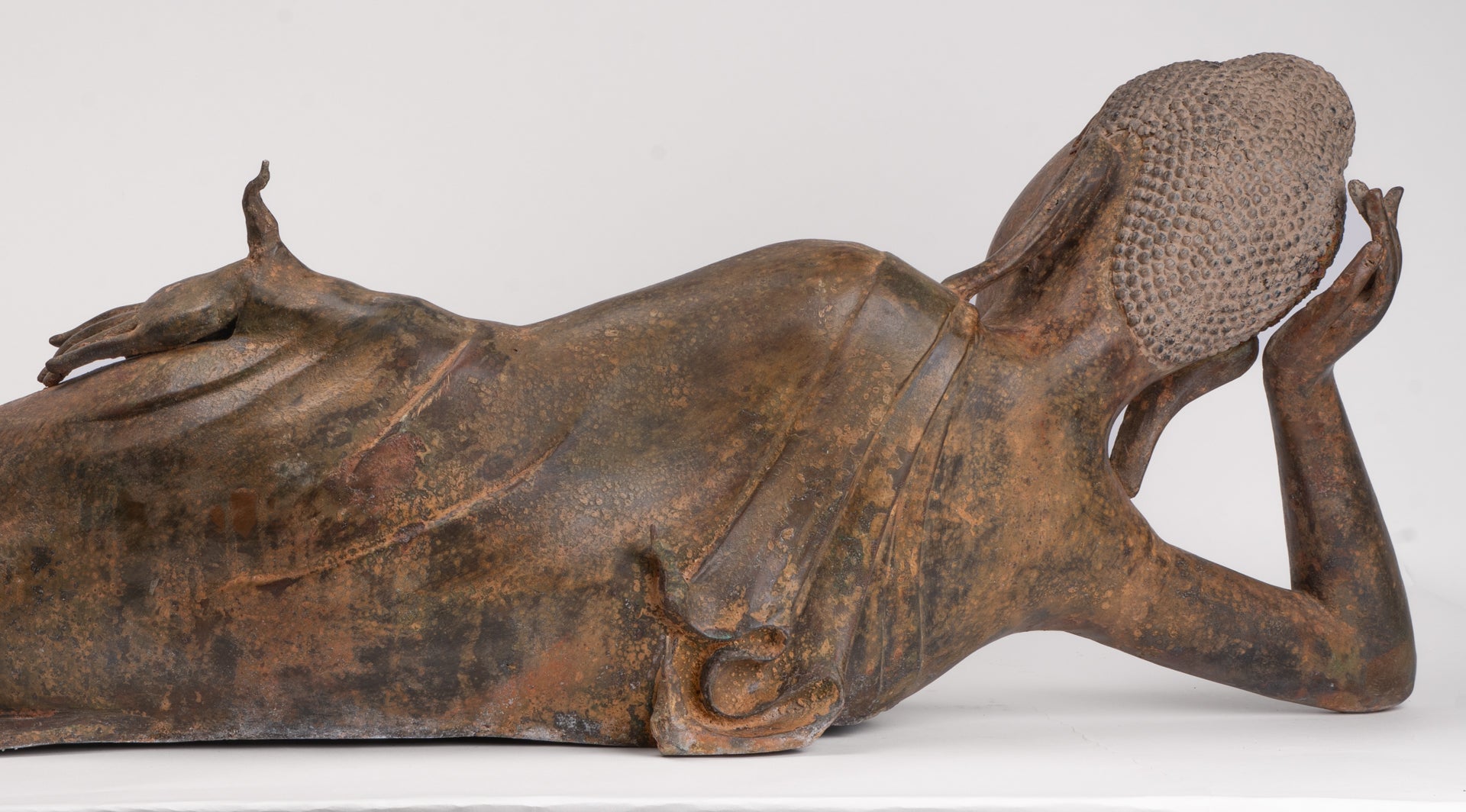Antique Thai Style Bronze Sukhothai Reclining Nirvana Buddha Statue - 107cm/43"