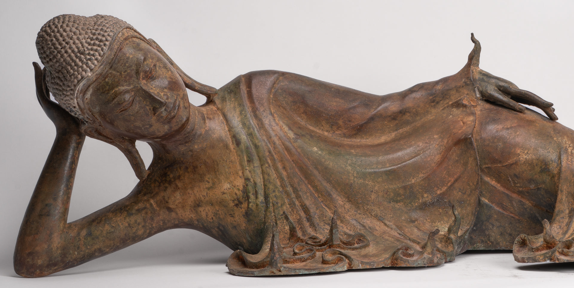 Antique Thai Style Bronze Sukhothai Reclining Nirvana Buddha Statue - 107cm/43"