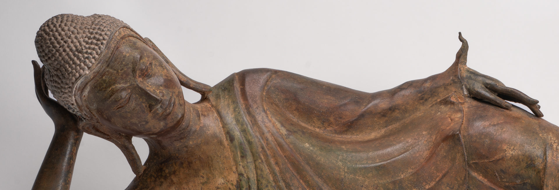Antique Thai Style Bronze Sukhothai Reclining Nirvana Buddha Statue - 107cm/43"