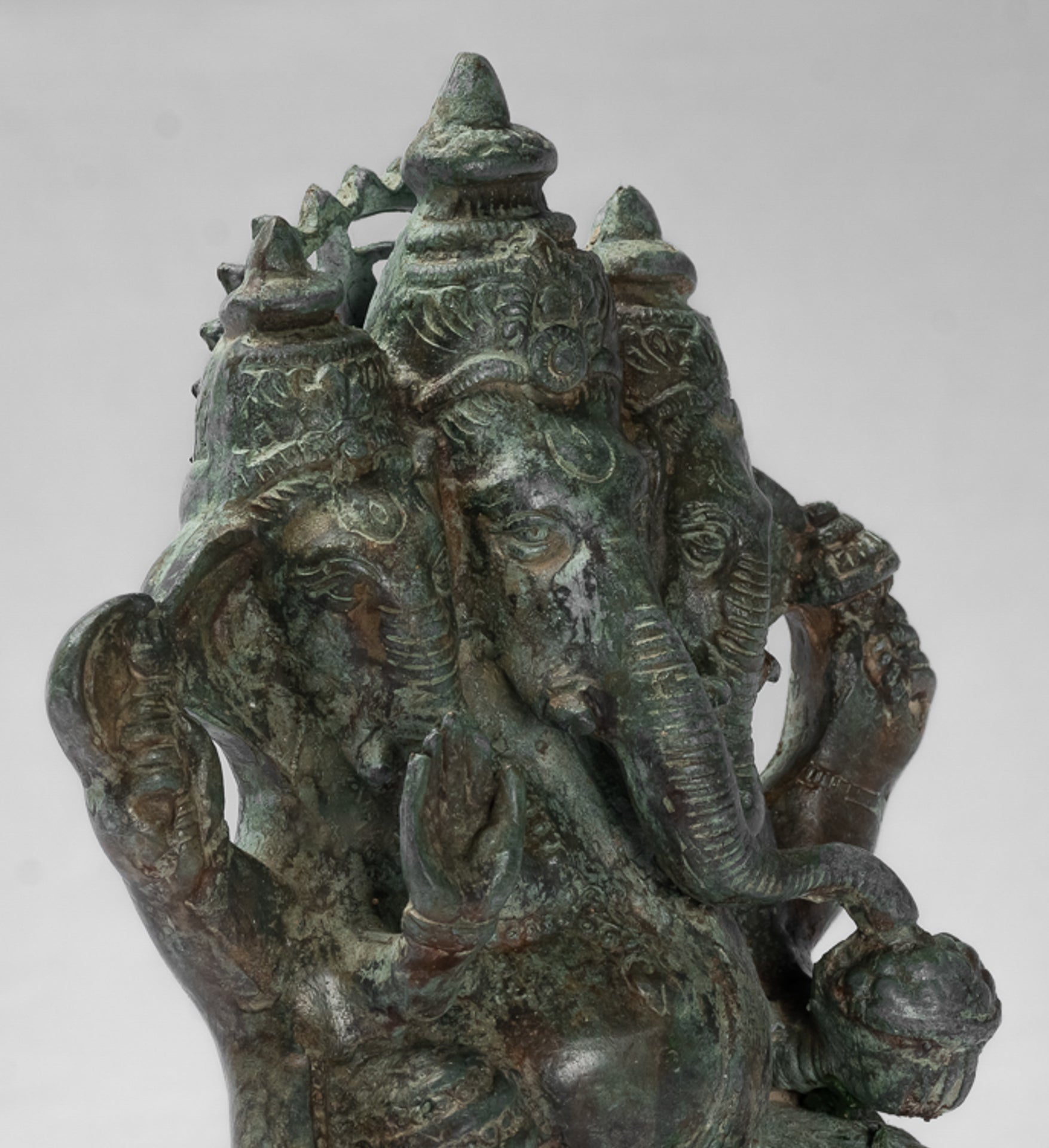 Antique Thai Style Bronze Tri Muhkthi Ganapathi Three Headed Ganesha Statue - 21cm/8"