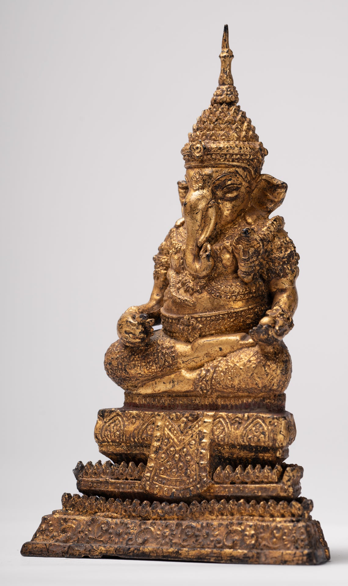 Ganesha Statue - Antique Thai Style Bronze Seated Rattanakosin Ganesha Statue - 19cm/8"