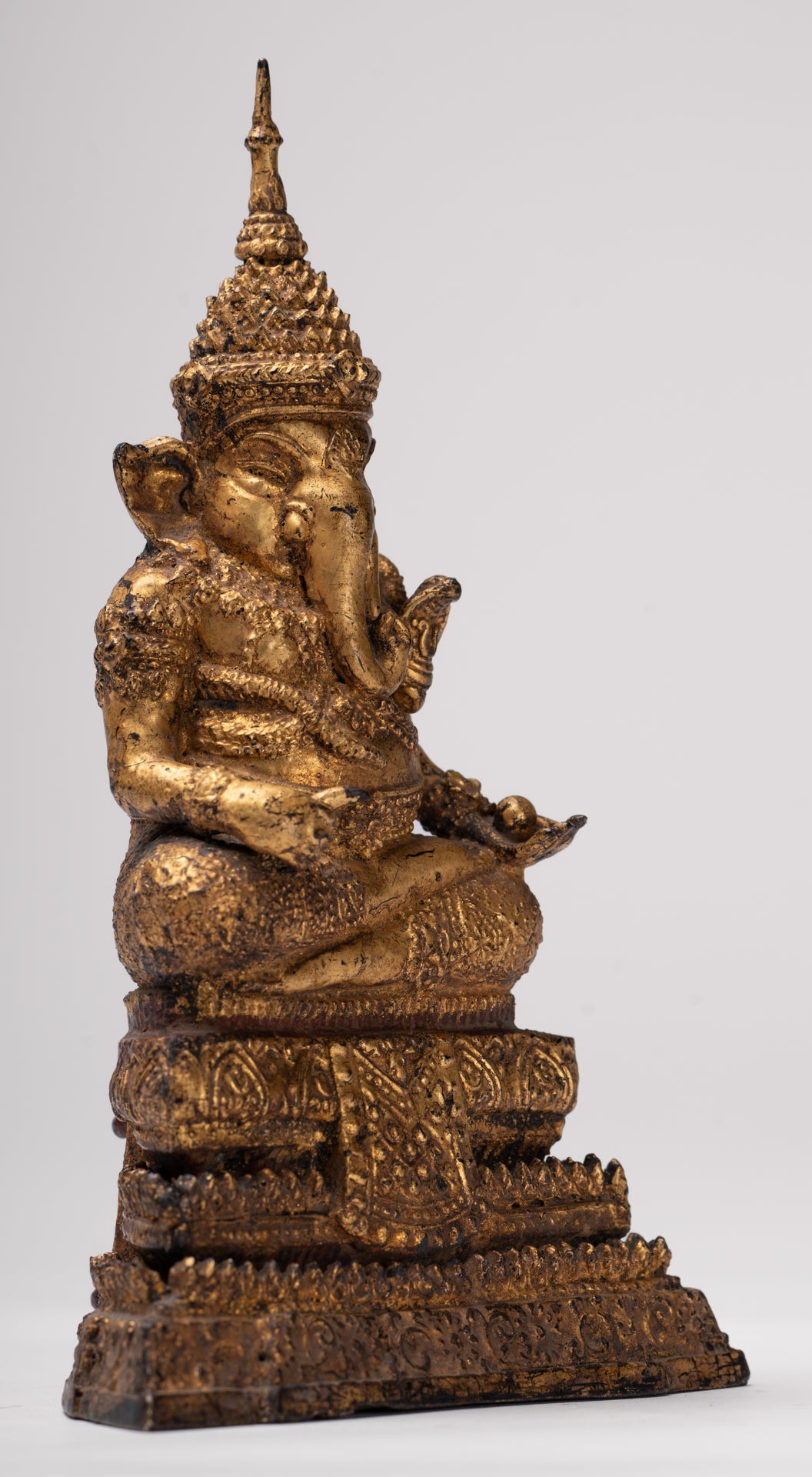 Ganesha Statue - Antique Thai Style Bronze Seated Rattanakosin Ganesha Statue - 19cm/8"
