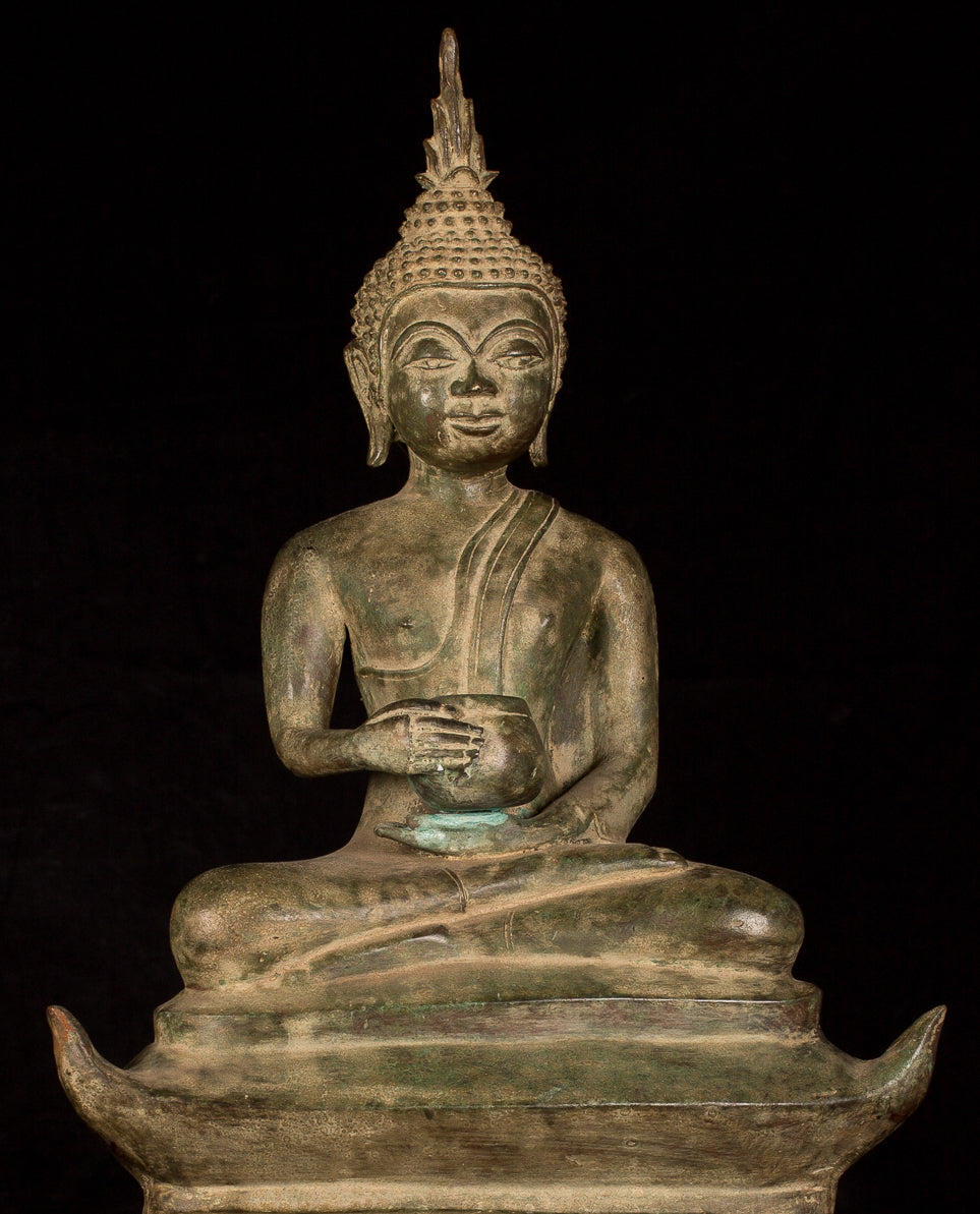 Buddha Statue -Antique Laos Style Bronze Charity Gautama Buddha Statue - 53cm/21"