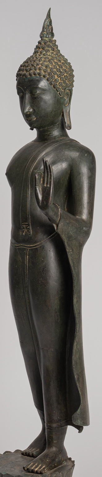 Antique Thai Style Sukhothai Bronze Protection Walking Buddha Statue - 116cm/46"