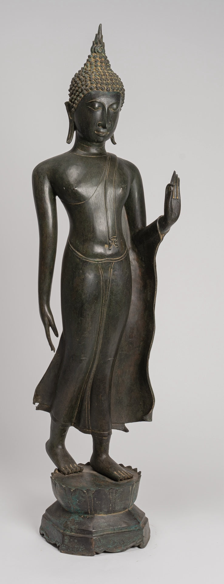 Antique Thai Style Sukhothai Bronze Protection Walking Buddha Statue - 116cm/46"