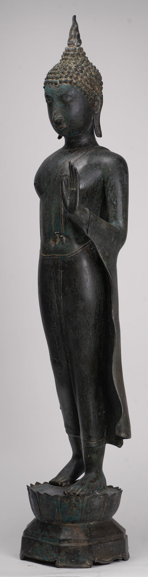 Antique Thai Style Sukhothai Bronze Protection Walking Buddha Statue - 117cm/47"