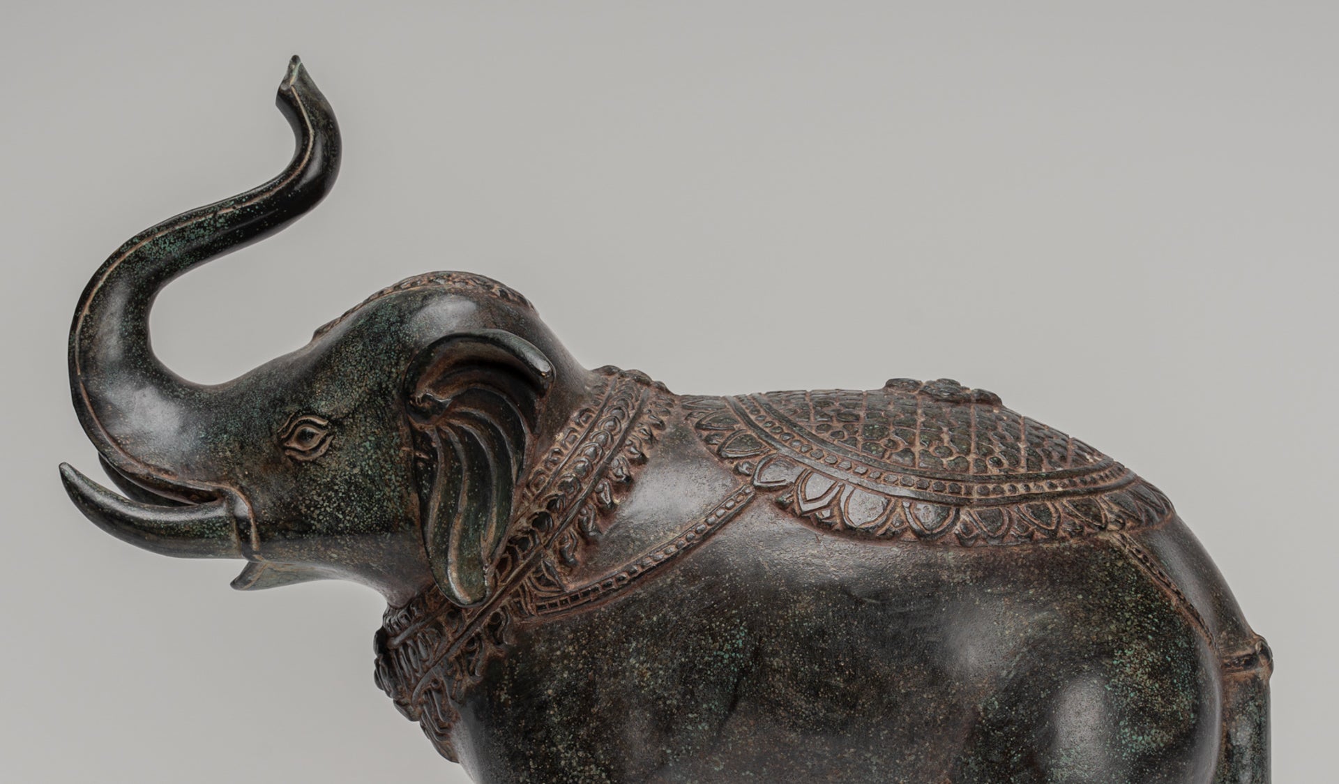 Elephant - Antique Khmer Style Bronze Standing Trumpeting Elephant Statue - 38cm/15" Tall