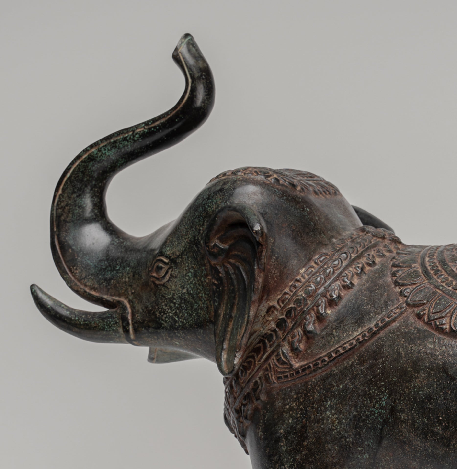 Elephant - Antique Khmer Style Bronze Standing Trumpeting Elephant Statue - 38cm/15" Tall