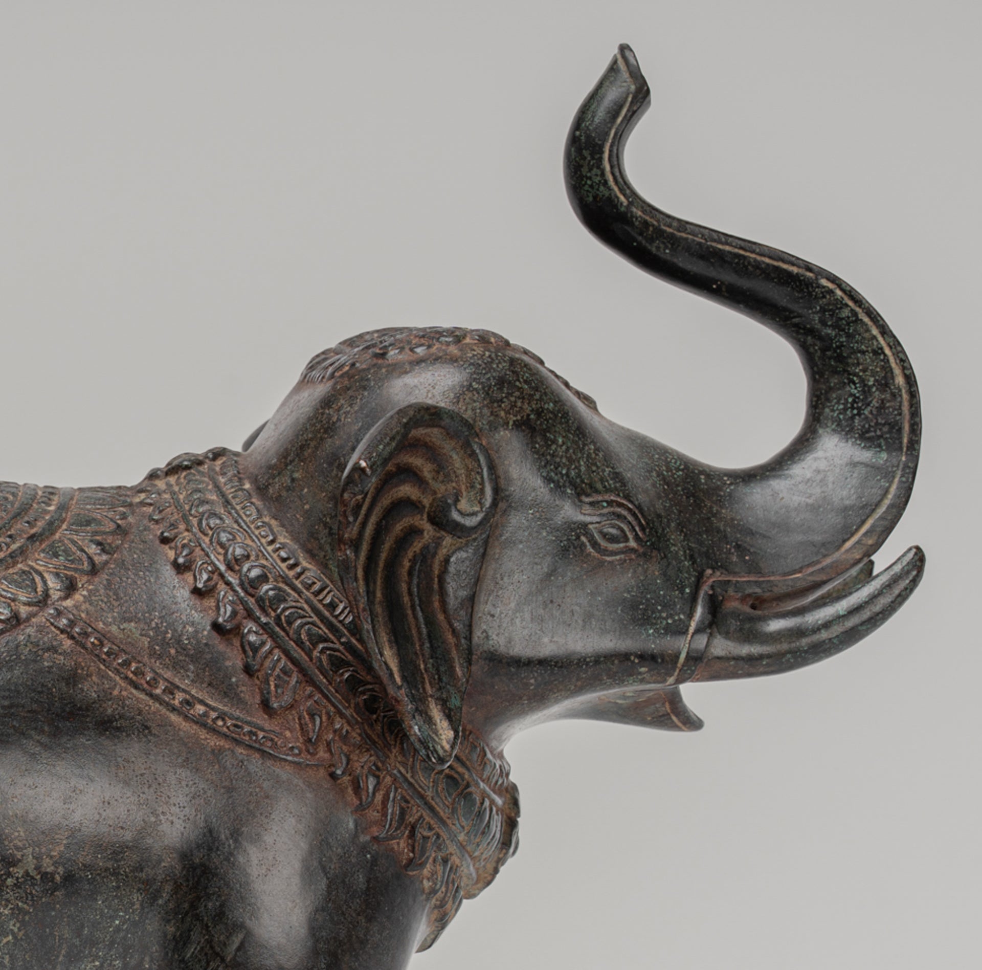 Elephant - Antique Khmer Style Bronze Standing Trumpeting Elephant Statue - 38cm/15" Tall