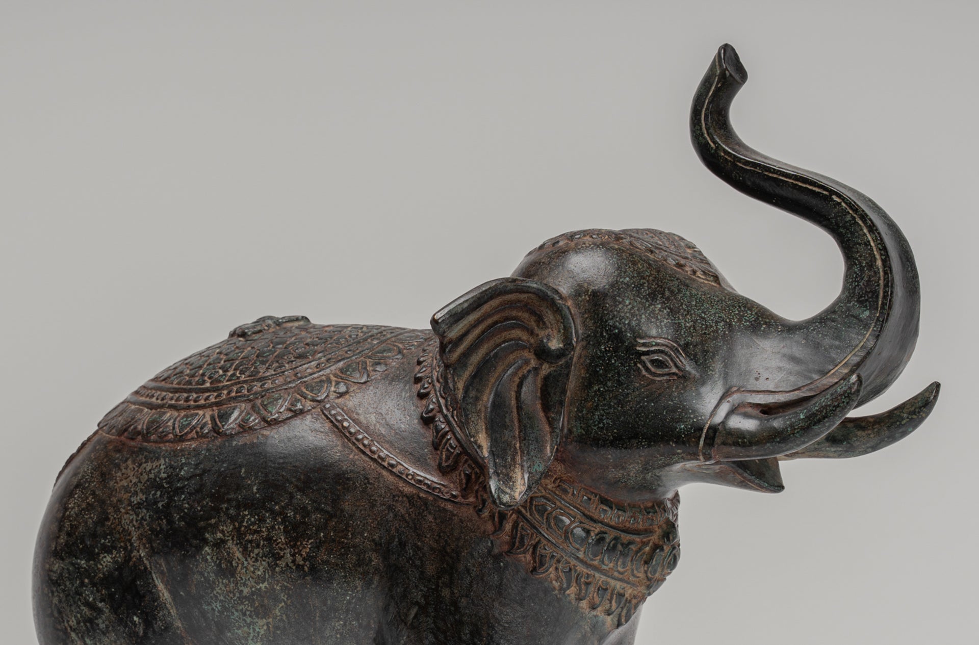 Elephant - Antique Khmer Style Bronze Standing Trumpeting Elephant Statue - 38cm/15" Tall