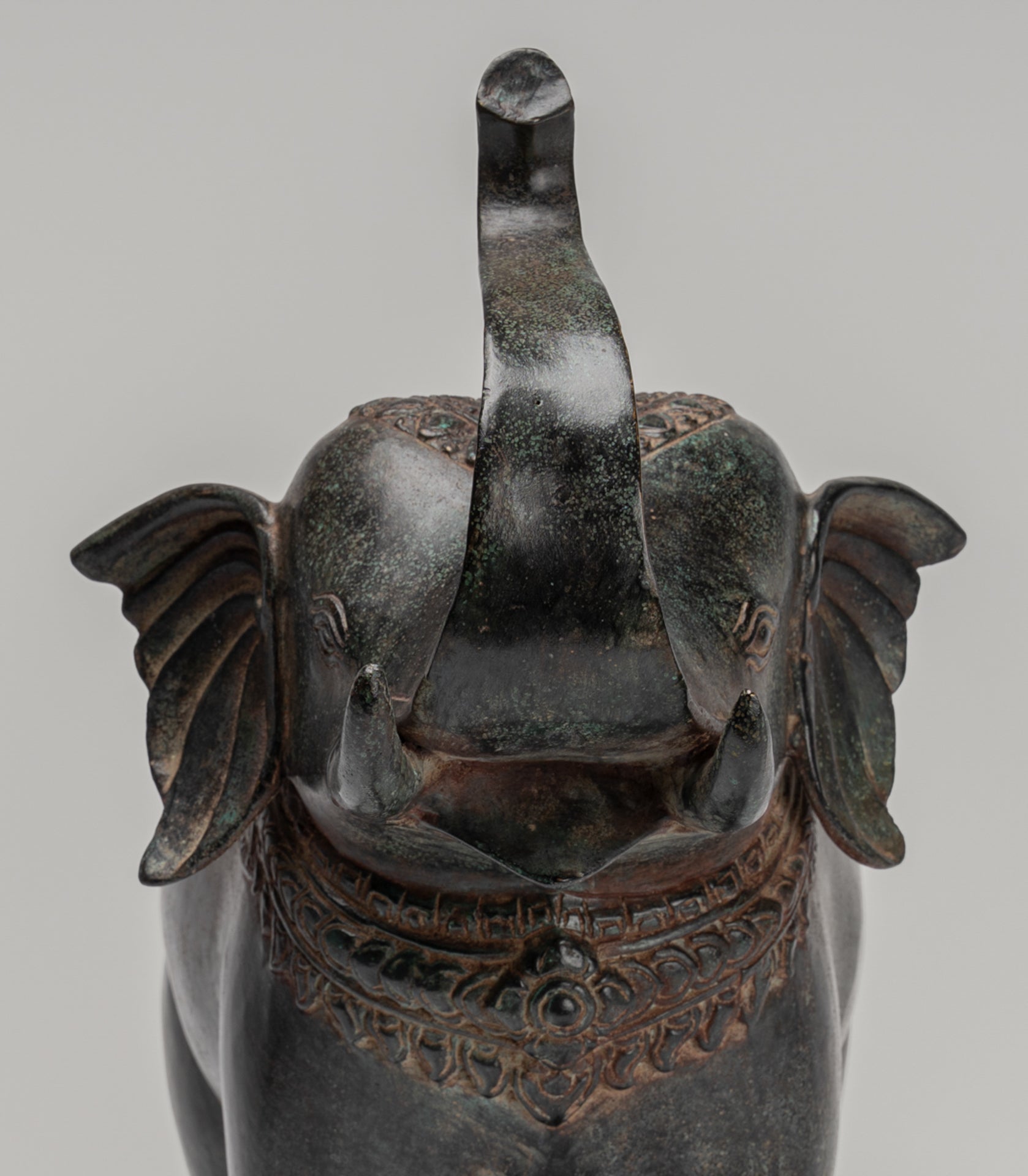 Elephant - Antique Khmer Style Bronze Standing Trumpeting Elephant Statue - 38cm/15" Tall