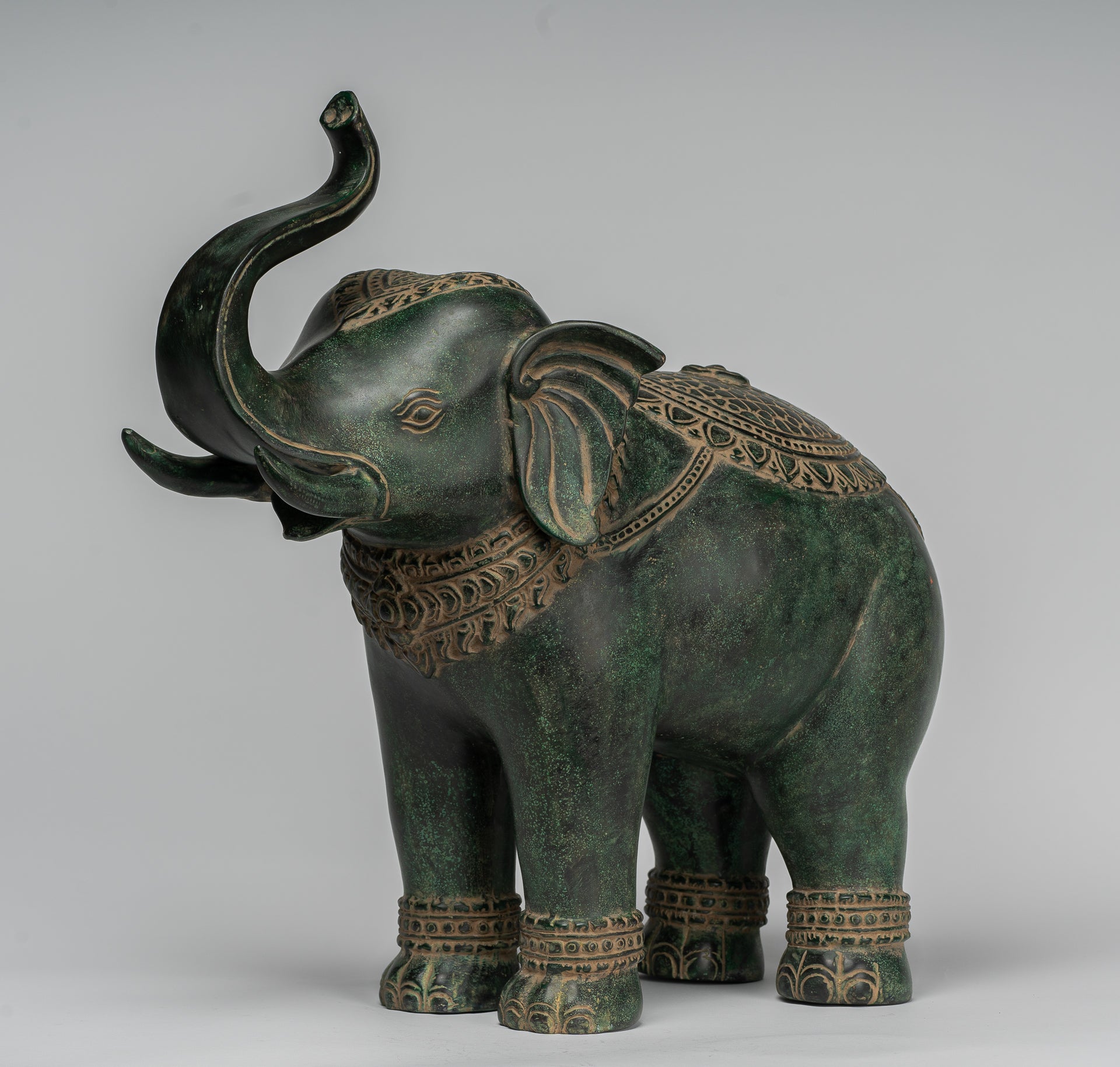 Antique Khmer Style Bronze Standing Trumpeting Elephant Statue - 38cm/15" Tall