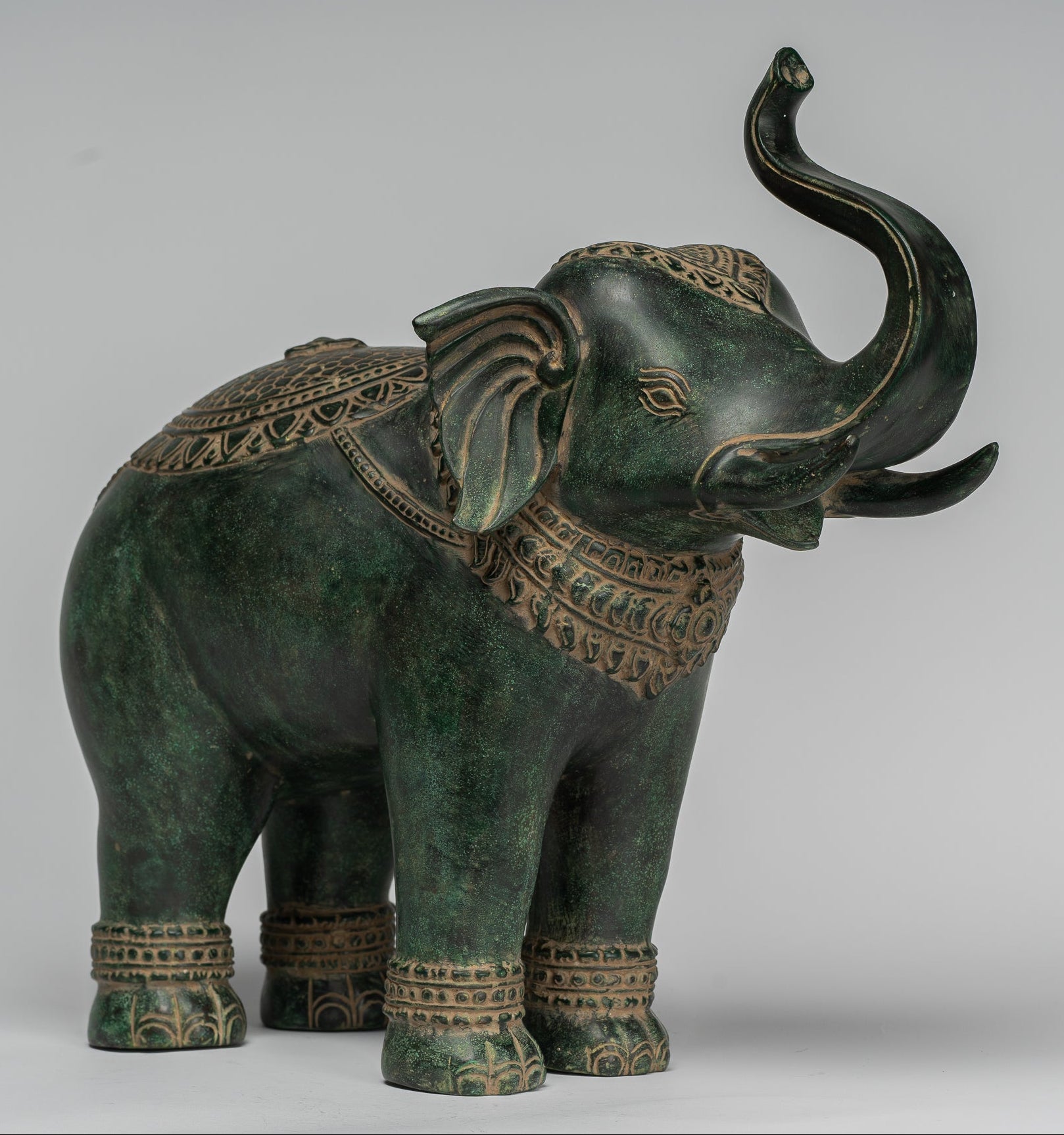 Antique Khmer Style Bronze Standing Trumpeting Elephant Statue - 38cm/15" Tall