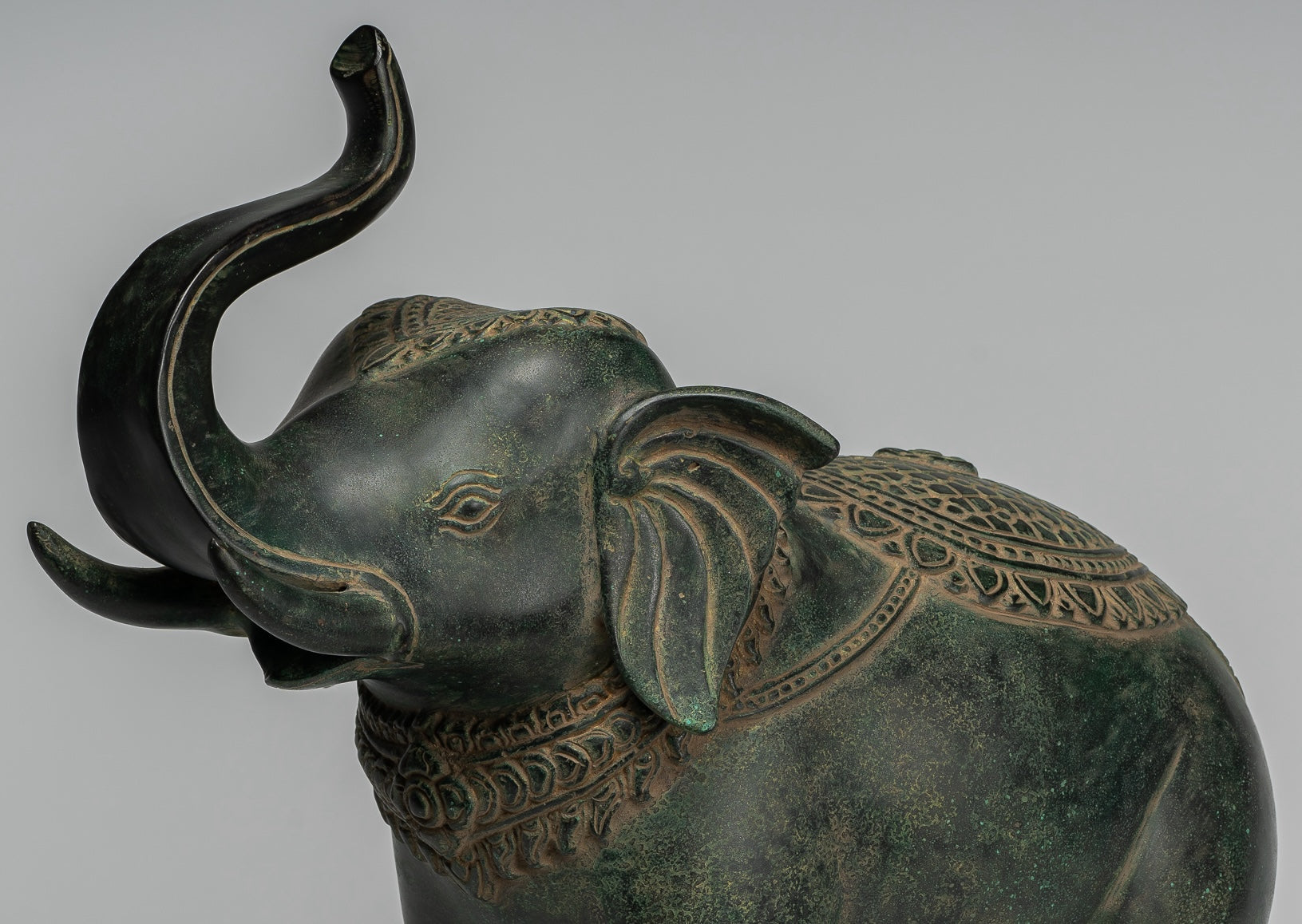 Antique Khmer Style Bronze Standing Trumpeting Elephant Statue - 38cm/15" Tall