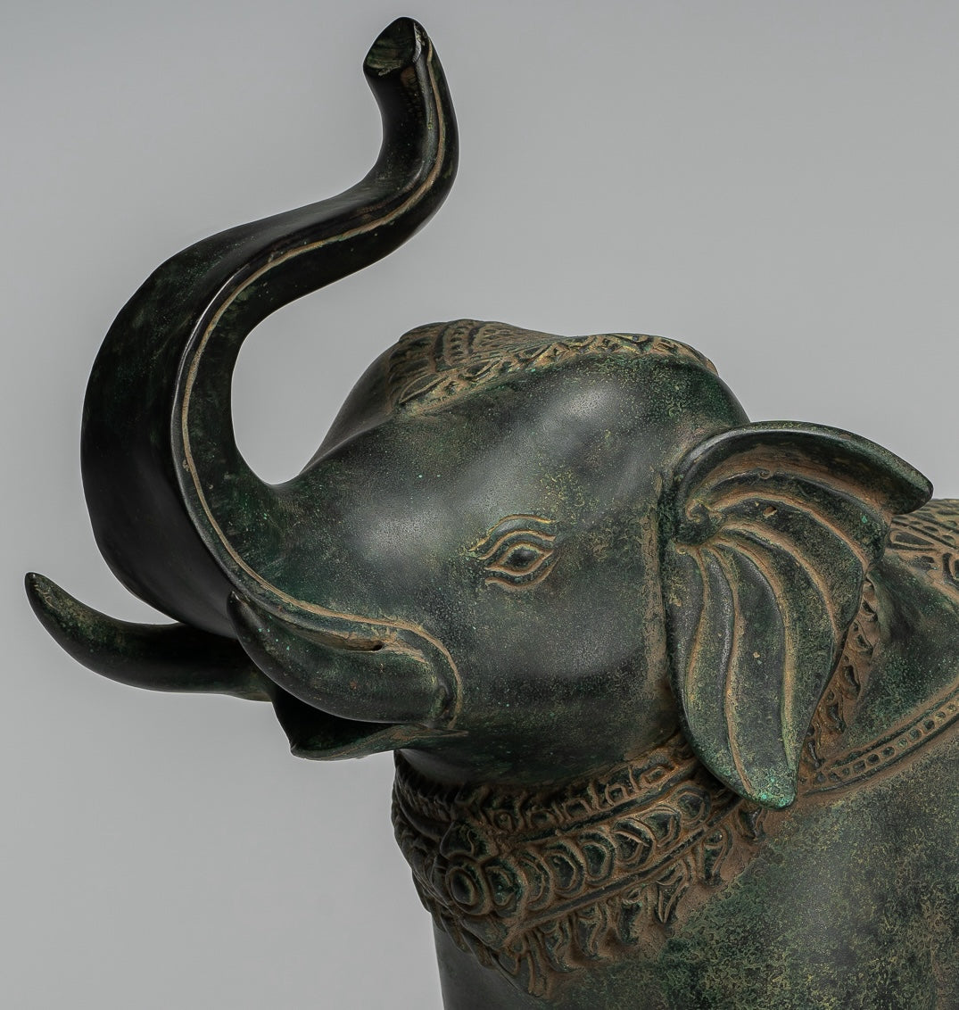 Antique Khmer Style Bronze Standing Trumpeting Elephant Statue - 38cm/15" Tall
