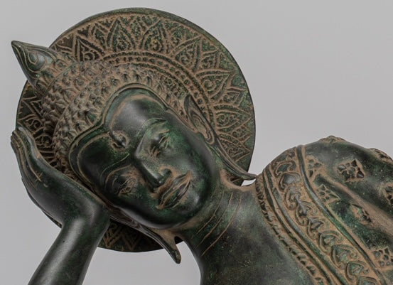 Antique Khmer Style Bronze Reclining Nirvana Buddha Statue - 65cm/26" Long