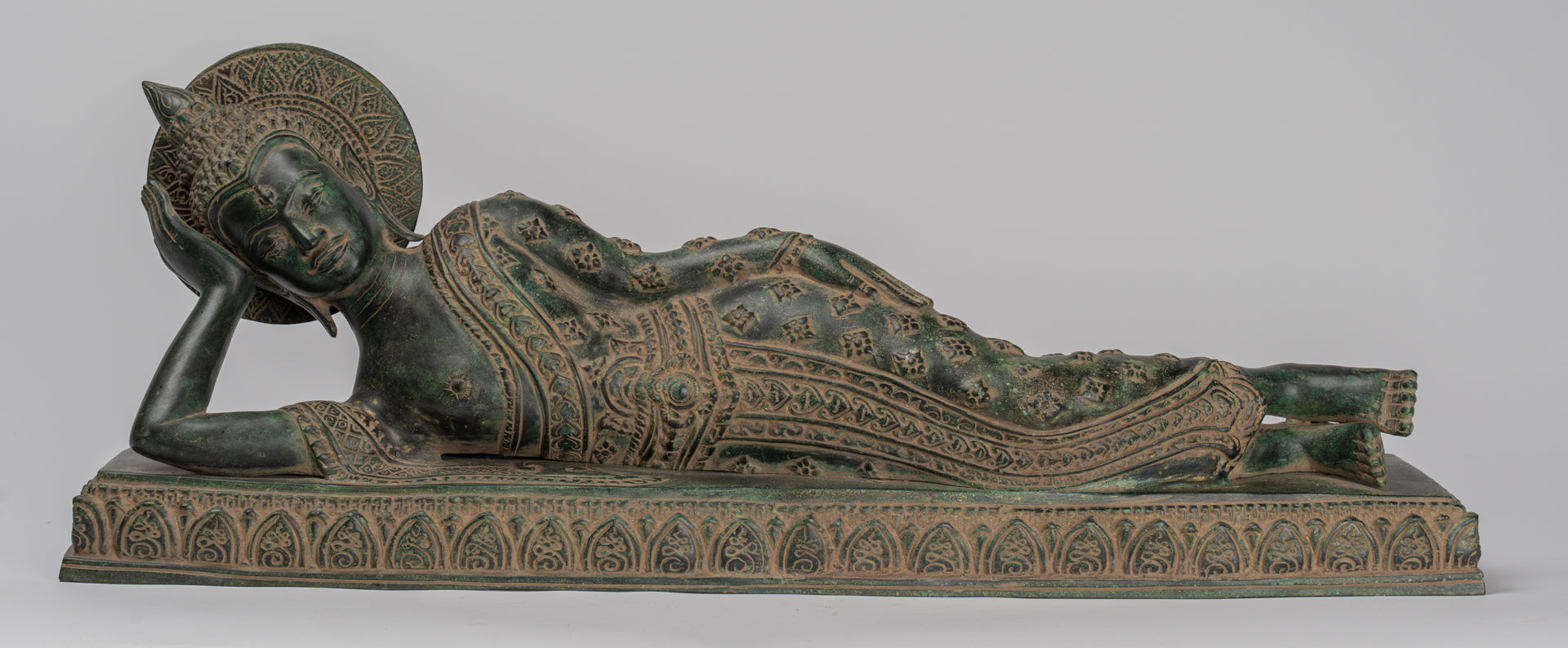Antique Khmer Style Bronze Reclining Nirvana Buddha Statue - 65cm/26" Long