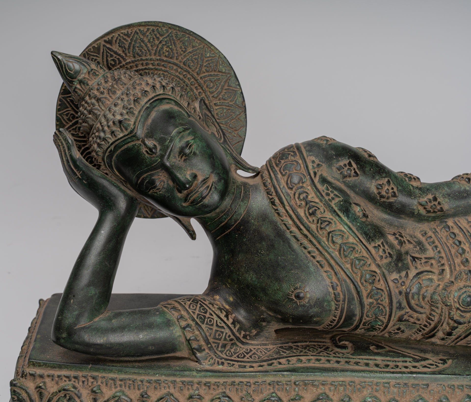 Antique Khmer Style Bronze Reclining Nirvana Buddha Statue - 65cm/26" Long