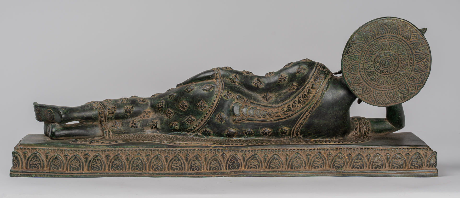 Antique Khmer Style Bronze Reclining Nirvana Buddha Statue - 65cm/26" Long