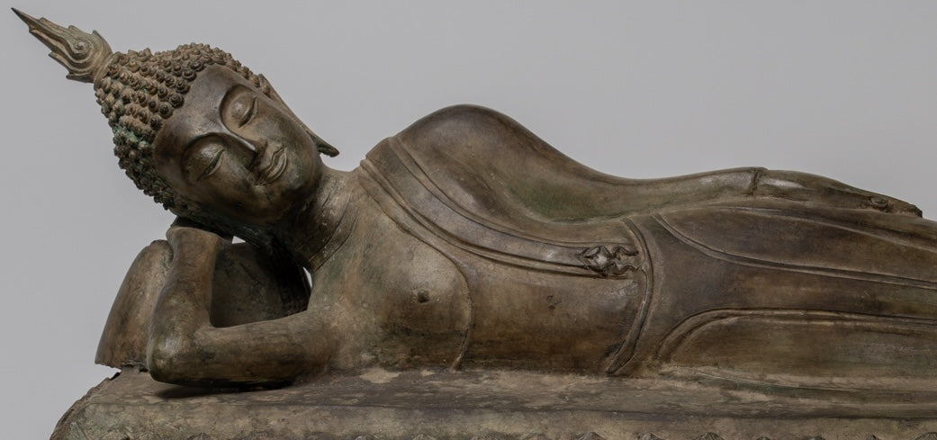 Buddha Statue - Antique Thai Style Bronze Sukhothai Reclining Nirvana Buddha Statue - 97cm/39"