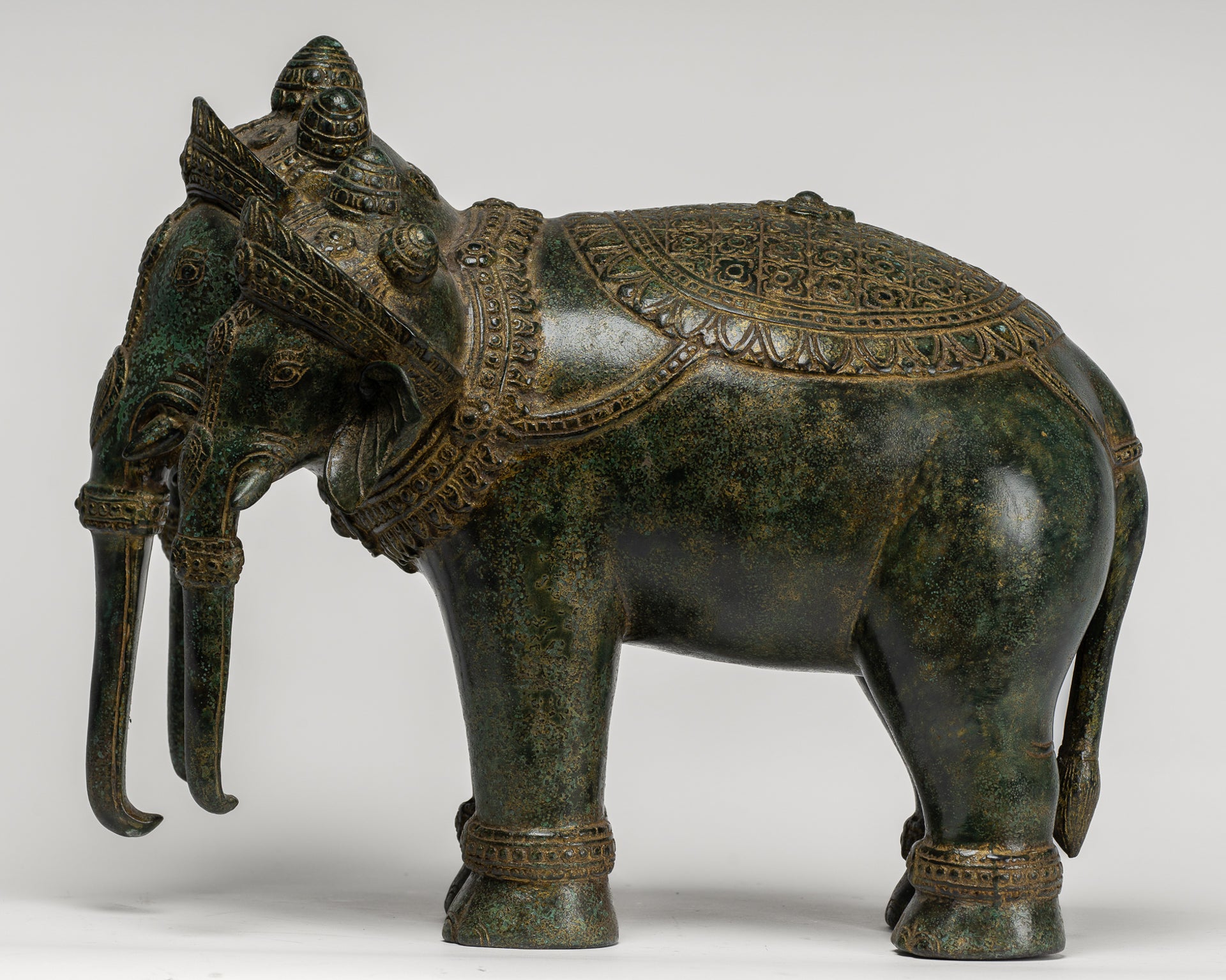 Antique Khmer Style Bronze Erawan Airavata or Elephant Statue - 31cm/12" Tall