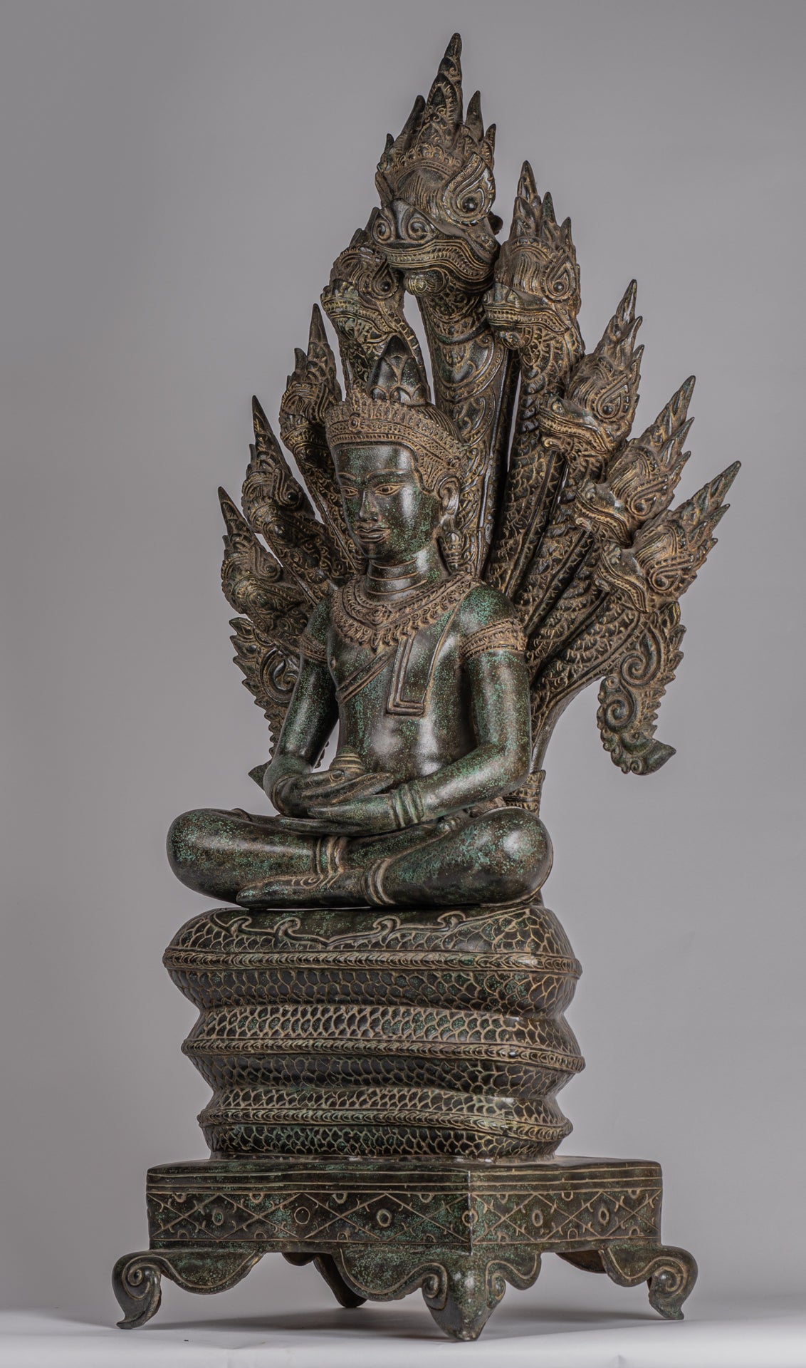 Buddha Statue - Antique Bayon Style Khmer Seated Bronze Naga Meditation Buddha - 114cm/46"