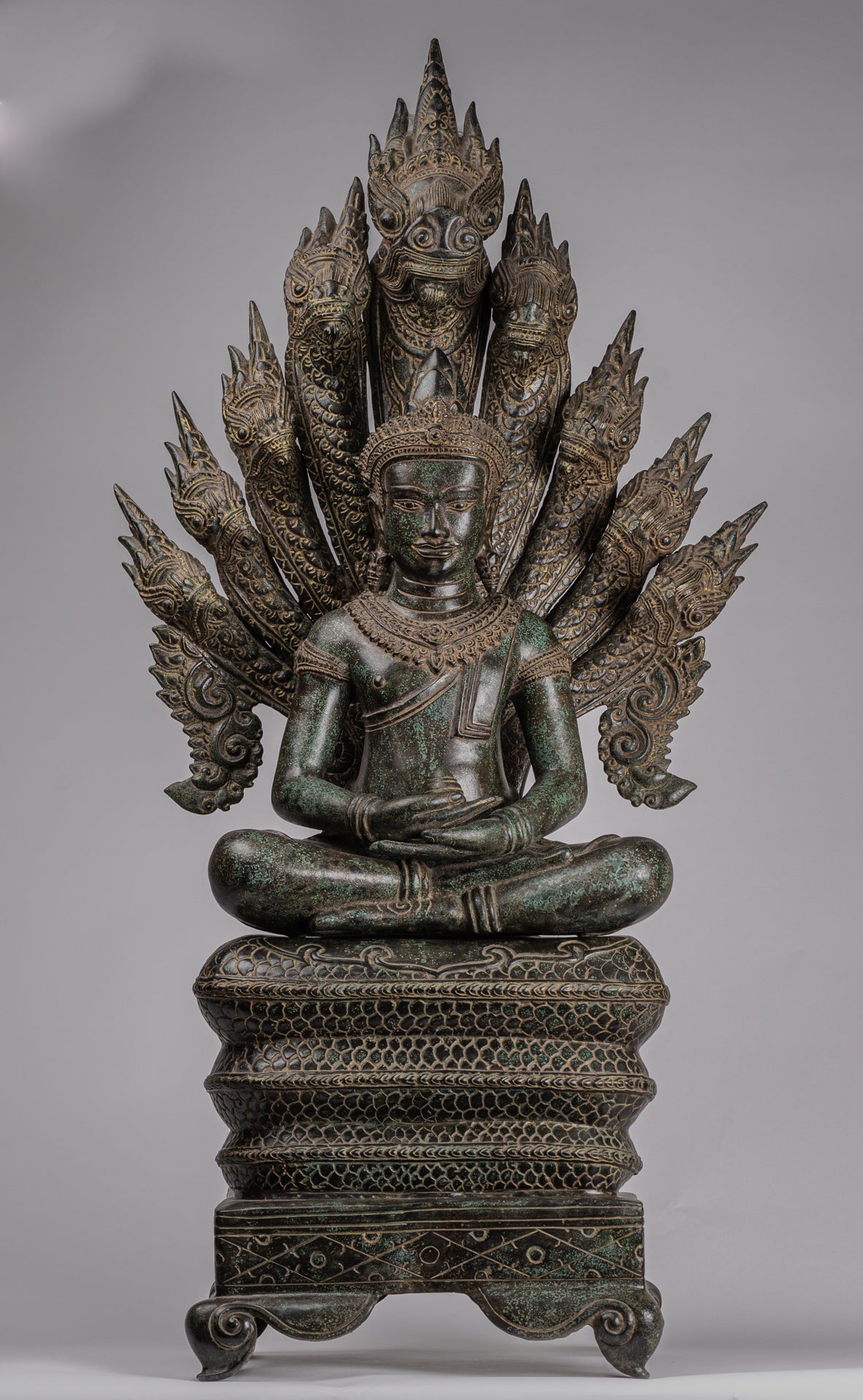 zeigen Sie anmutige Würde Buddha Statue - Bronze Meditatio Naga Bayon Art Seated Khmer – Style Asian Antique HD