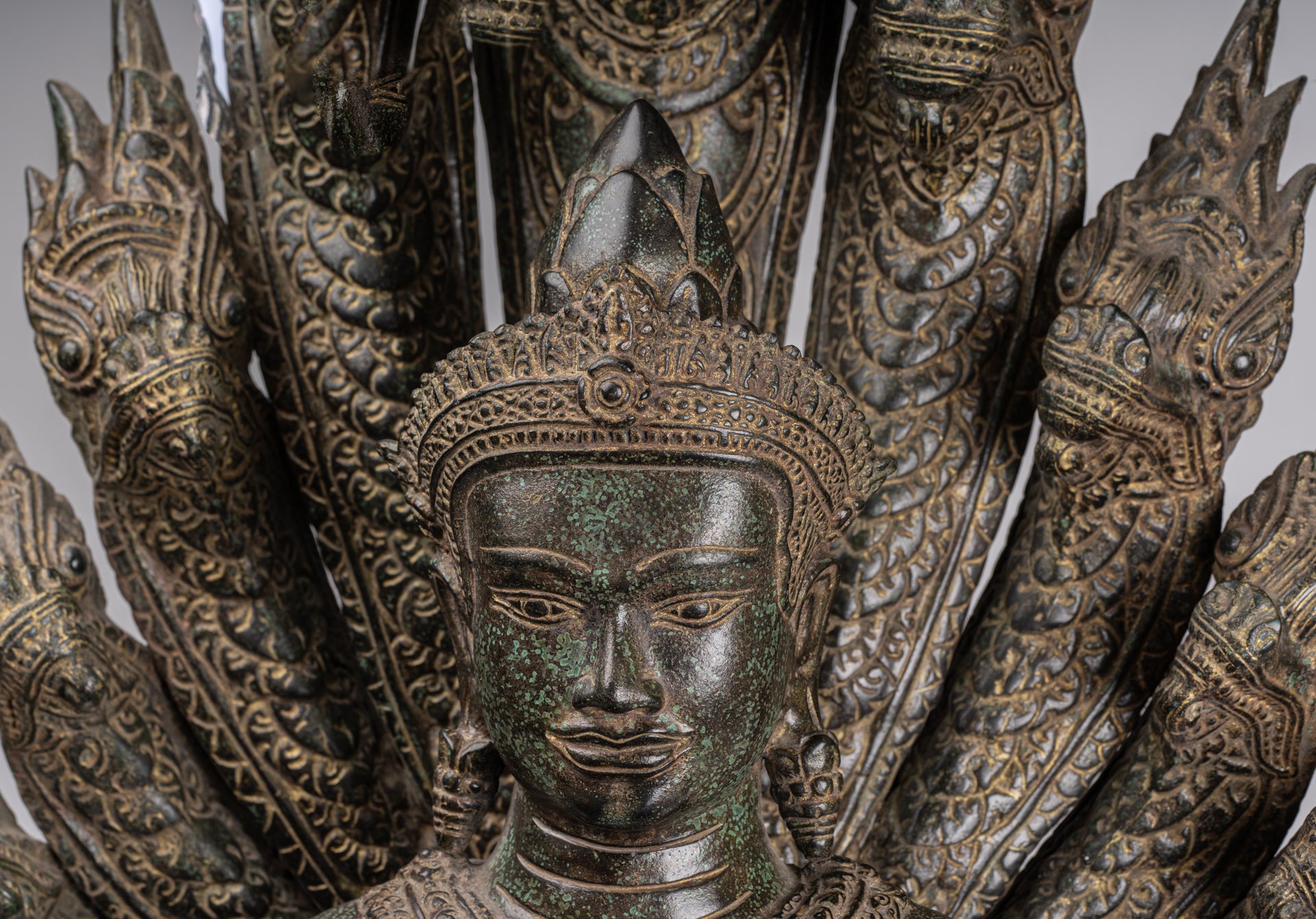 Buddha Statue - Antique Bayon Style Khmer Seated Bronze Naga Meditation Buddha - 114cm/46"