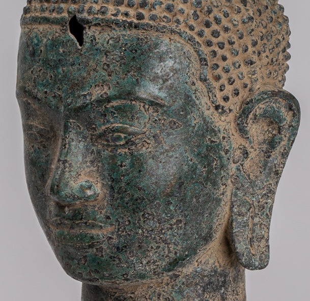 Statua Buddha - Antique Khmer in stile Bronzo Fiore Buddha Head - 36 cm/14 "