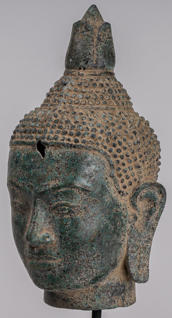 Statua Buddha - Antique Khmer in stile Bronzo Fiore Buddha Head - 36 cm/14 "