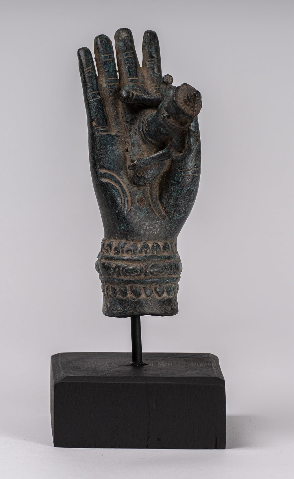 Mounted Antique Khmer Style Bronze Hand & Brahma - 21cm/8"