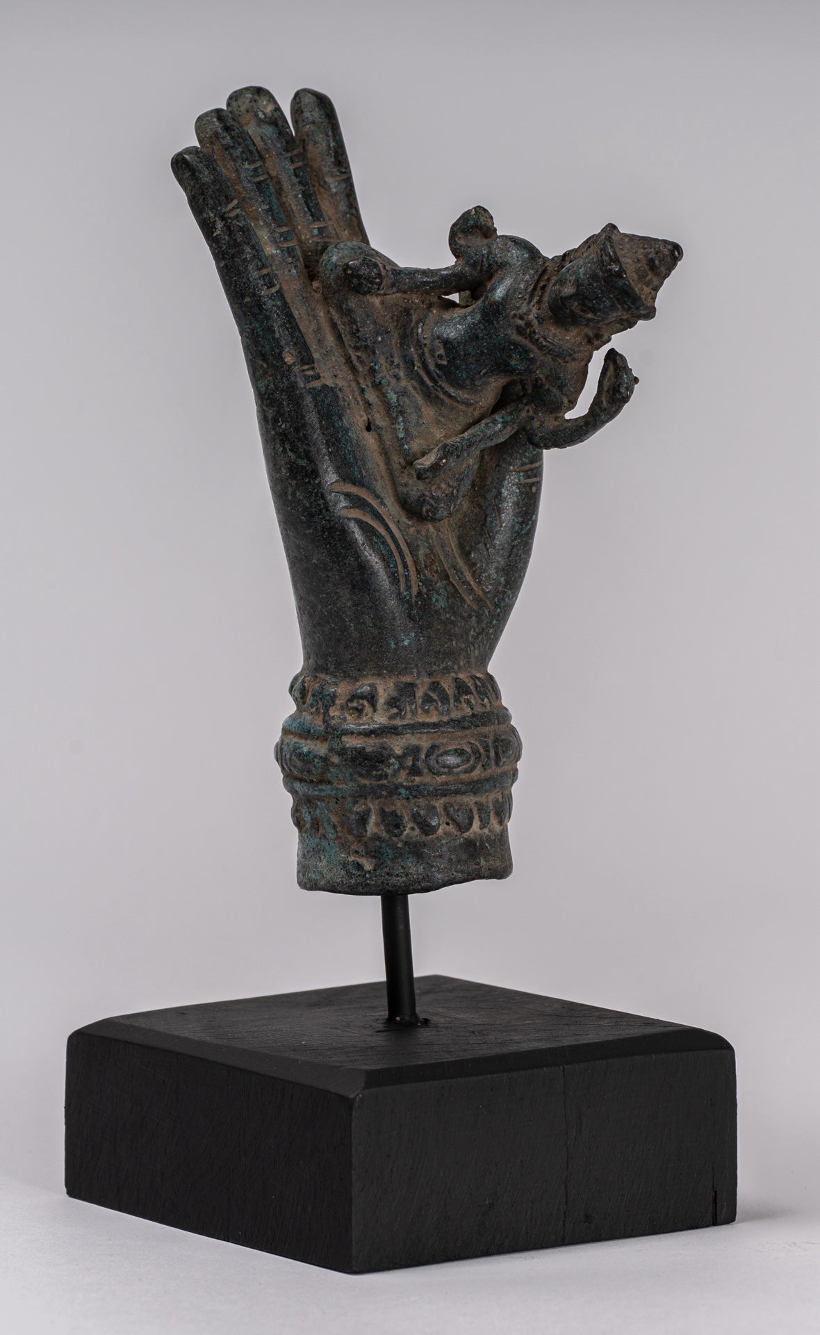 Mounted Antique Khmer Style Bronze Hand & Brahma - 21cm/8"