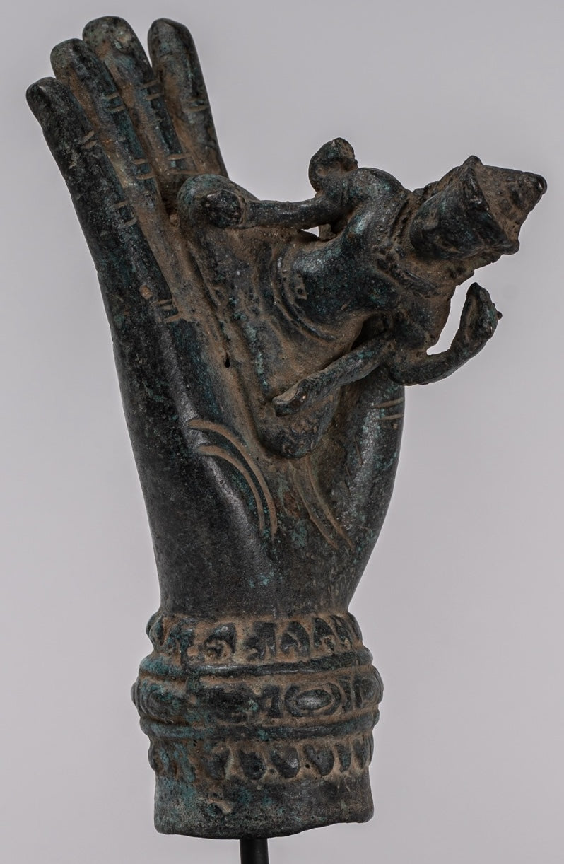 Mounted Antique Khmer Style Bronze Hand & Brahma - 21cm/8"