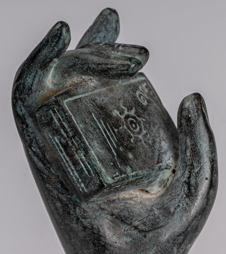 Mounted Antique Khmer Style Southeast Asia Bronze Hand & Sutra - 17cm/7"