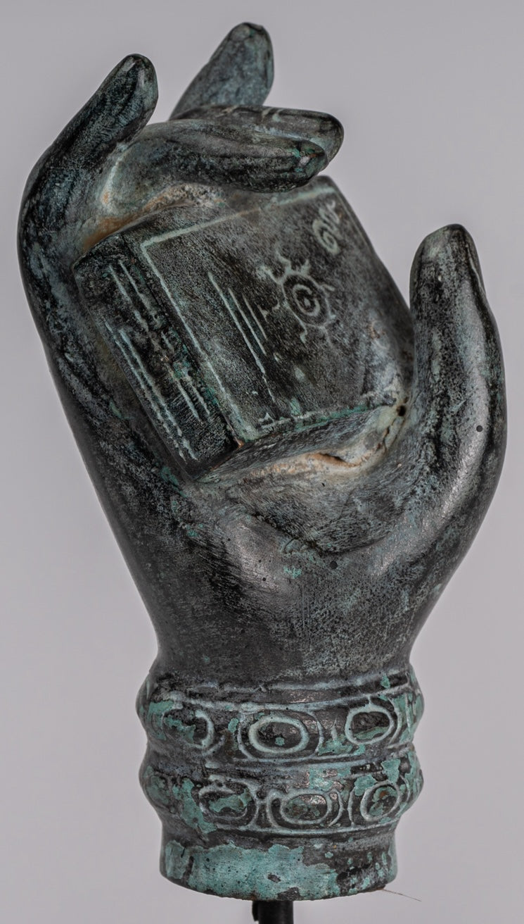 Mounted Antique Khmer Style Southeast Asia Bronze Hand & Sutra - 17cm/7"