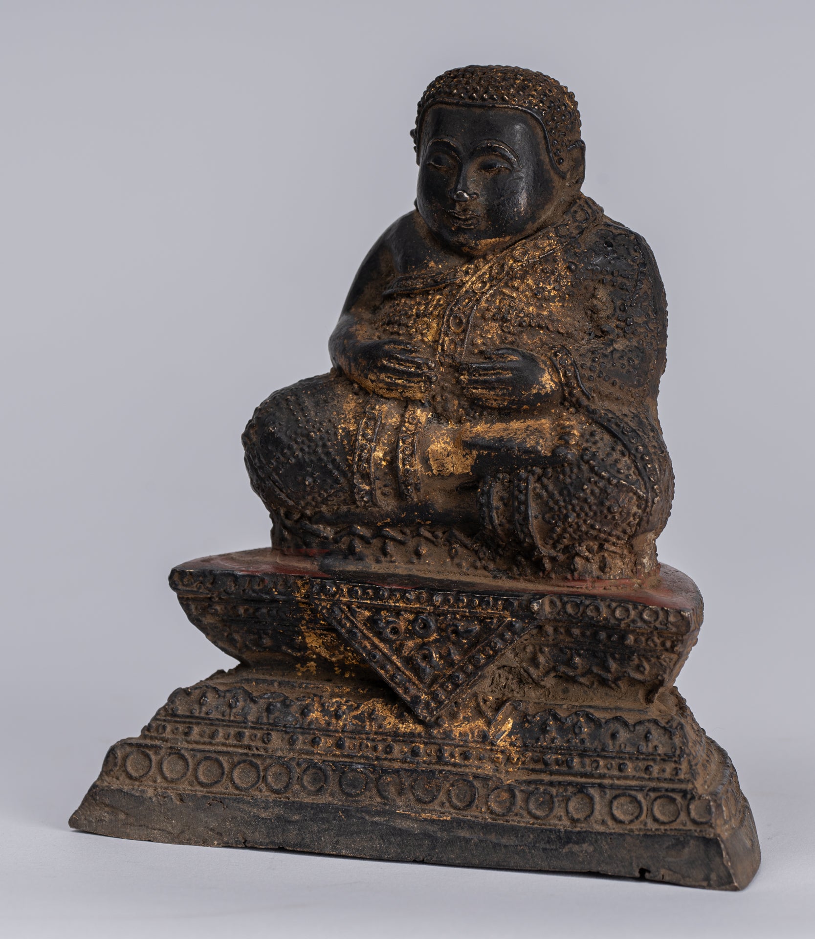 Buddha Statue - Antique Thai Style Bronze Rattanakosin Happy, Fat, Laughing Buddha Statue - 14cm/6"