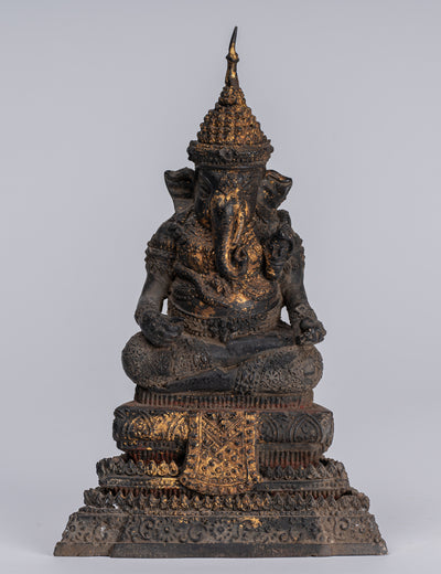 Ganesha Statue - Antique Thai Style Bronze Seated Rattanakosin Ganesha Statue - 19cm/8"