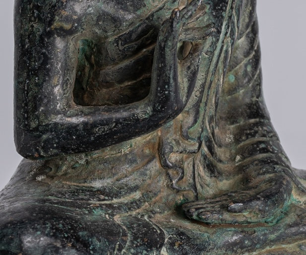 Buddha - Antique Khmer Style Bronze Enthroned Teaching Buddha Statue - 19cm/6"