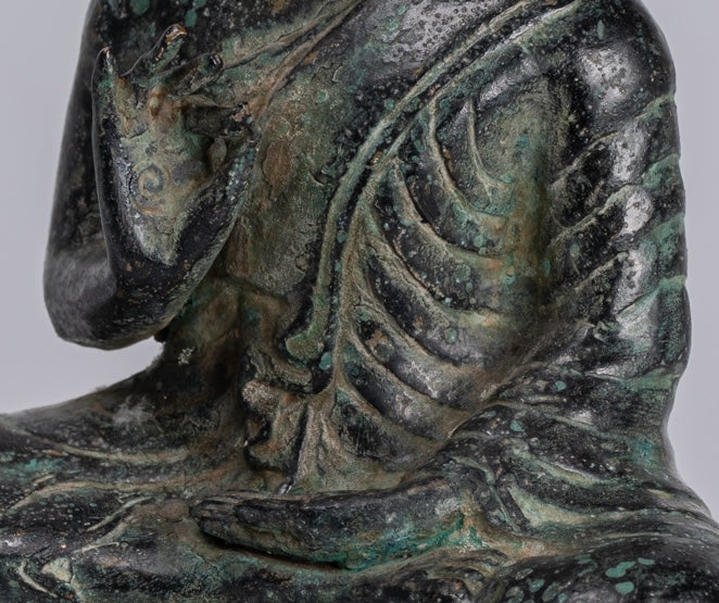 Buddha - Antique Khmer Style Bronze Enthroned Teaching Buddha Statue - 19cm/6"